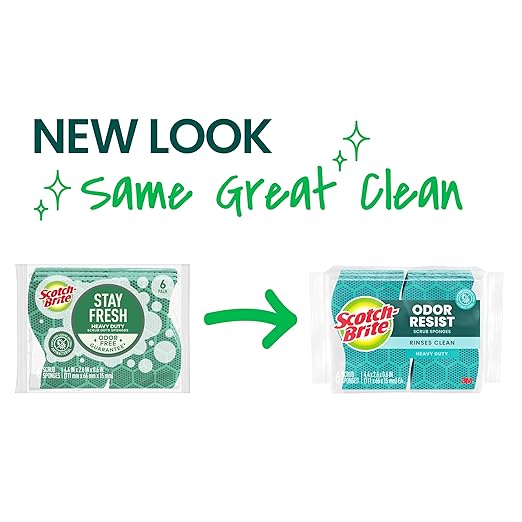 Scotch-Brite Odor Resist Heavy Duty Scrub Sponge, Dishwasher-Safe Kitchen sponges for Serious Scrubbing, Multipurpose Dish Sponge for Stuck-On Messes, 6 Scrubbing Sponges