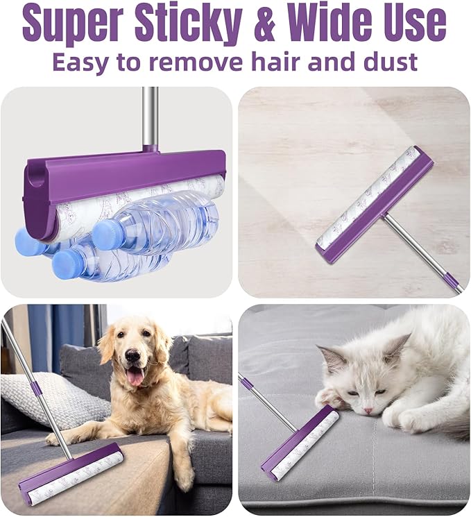 Large Lint Rollers for Carpet, Sticky Rollers for Floor RLOW 15.75 in with 3 Extra Sticky,Long Handle Sticky Mop for Cleaning Carpets, Pet Hair, Cars, Clothing