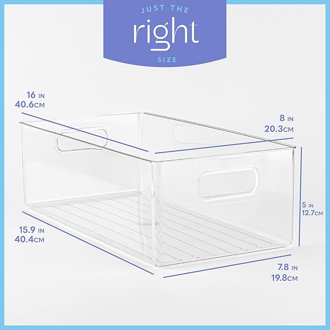 Plastic Food Storage 8 Pack Clear Container Bin with Handles for Organizing Kitchen, Pantry, Refrigerator, Freezer, Pantry, Cabinet, Closet, Bathroom. 16”x8”x5”
