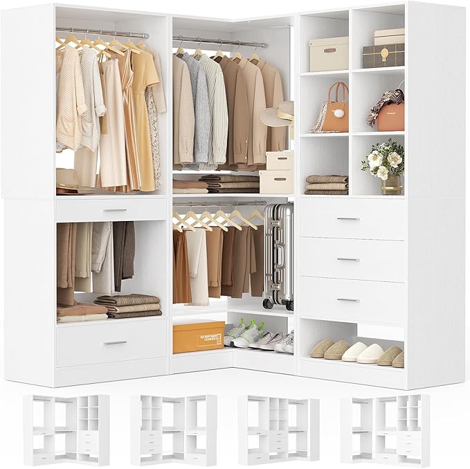 Homieasy Closet System Organizer with Drawers, Pants Rack, Cube Storage and Hanging Area – Wardrobe Organizer with Hanging Rods, Shoe Storage & Anti-Tip Kit – Expandable and Easy to Install, White