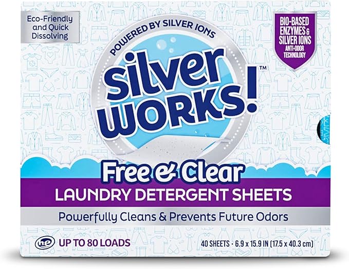 Premium Dissolvable Laundry Detergent Sheets, Silver Ion Odor Elimination Technology, Powerfully Clean & Prevent Odors, Dissolves Fully, 40 Sheets, Free & Clear