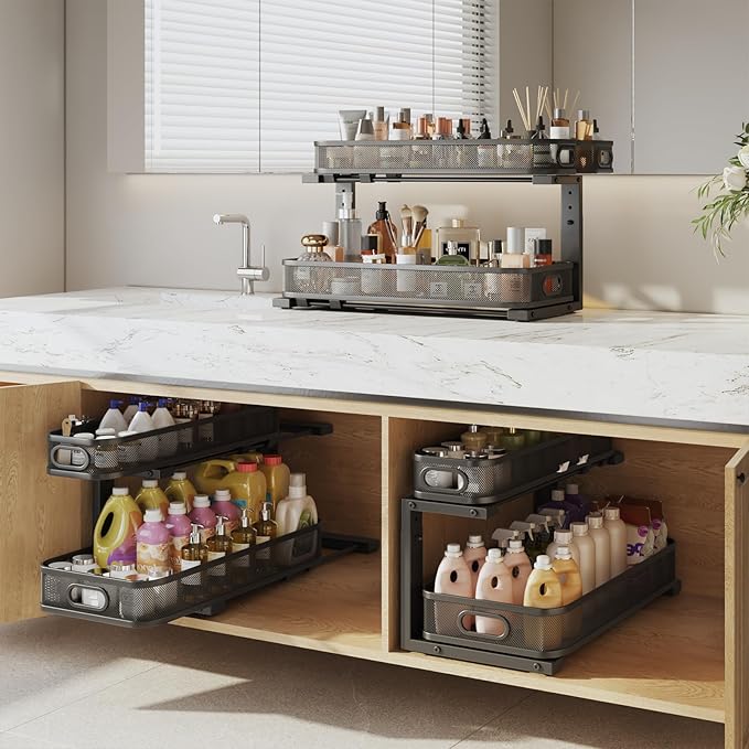 2 Pack 21.3IN-Depth Under Sink Organizer with Smooth Cylindrical Rail,2-Tier Pull Out Multi-Purpose Cabinet Storage for Bathroom&Kitchen,Height Adjustable,Rust-Resistant Coating-Black