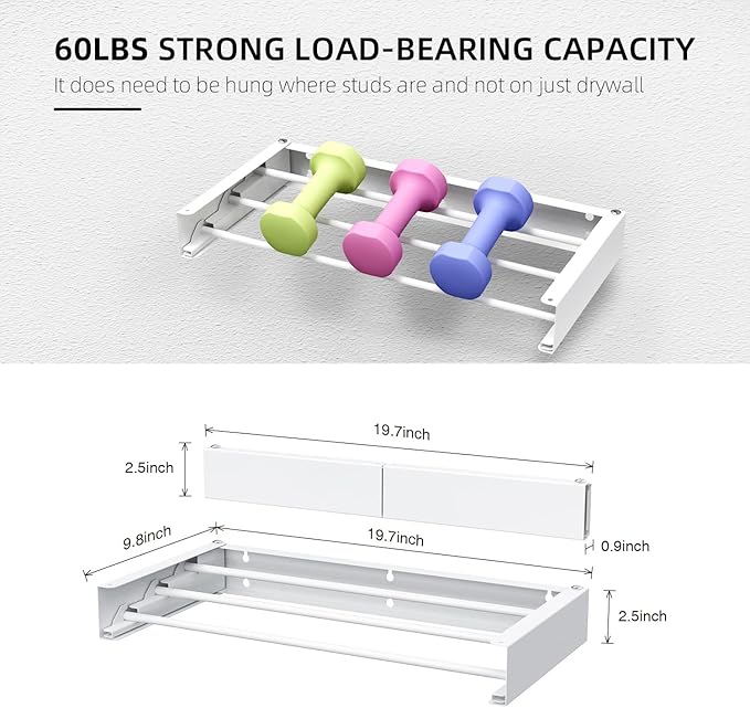 Laundry Drying Rack Collapsible, Wall Mounted Clothes Drying Rack Wall, Space Saving Drying Rack for Laundry, 19.8" Wide, 3 Aluminum Rods, 50 lb Capacity