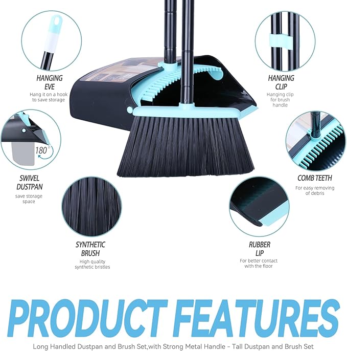 Broom with Dustpan Combo Set,Dust pan with Broom Combo Set,Standing Dustpan and Broom with 54” Long Handle for Indoor Lobby Office Kitchen Sweeping