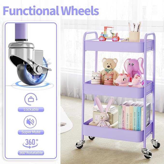 TOOLF 3-Tier Metal Rolling Cart with Wheels, Storage Utility Organizer Cart for Kitchen, Bathroom, Office, Baby Essentials & Makeup - Lockable Casters, Easy Assembly, Large Capacity, Purple