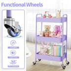 TOOLF 3-Tier Metal Rolling Cart with Wheels, Storage Utility Organizer Cart for Kitchen, Bathroom, Office, Baby Essentials & Makeup - Lockable Casters, Easy Assembly, Large Capacity, Purple