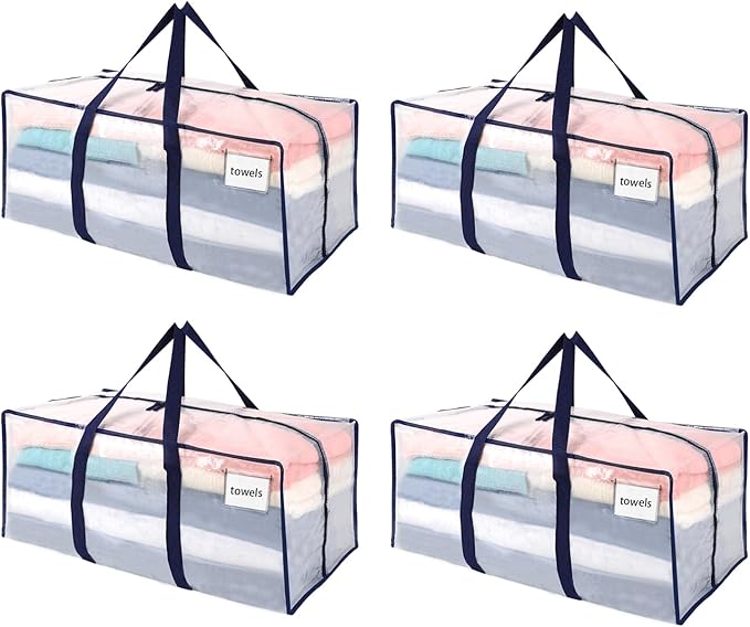 VENO 4 Pack Moving Bags Plastic Storage Totes Clothes Organization Large W Lid/Zipper. Packing Boxes/Bins Alternative. Space Saving Foldable College Supplies Essentials (Clear, 4 Pack)