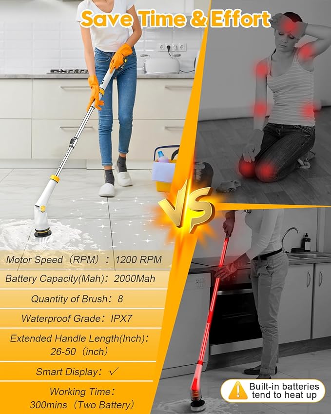 1200 RPM Powerful Electric Spin Scrubber with 8 Cleaning Brush, 2 Battery Cordless Shower Scrubber with 3 Speeds Display & 50inch Retractable Handle, IPX7 Waterproof Power Scrubbers for Deep Cleaning