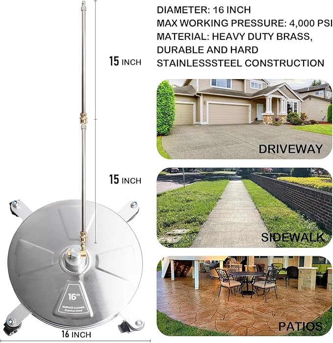 Hourleey 16" Pressure Washer Surface Cleaner, Stainless Steel Surface Cleaner with 4 Wheels for Concrete, Patio, Sidewalk, Deck, Pathway 1/4" Quick Connector, 2 Extension Wand, 4000 PSI