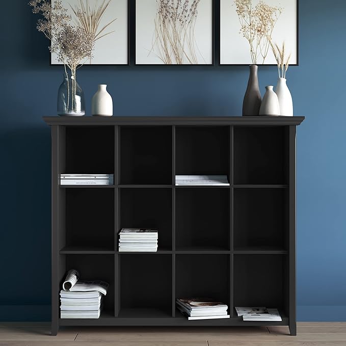 SIMPLIHOME Acadian Bookcase - 57 inch Tall 12-Cube Solid Wood Storage Display Unit in Black, Transitional Cube Organizer for Living Room, Study Room or Office with Fixed Shelves and Tapered Legs