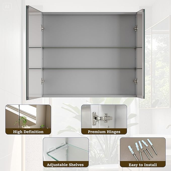 Bathroom Medicine Cabinet Mirror with Storage, 36 Inch x 26 Inch Silver Medicine Cabinet with Double Door & Adjustable Shelves for Vanity, Aluminum Surface, Wall-Mount or Recessed