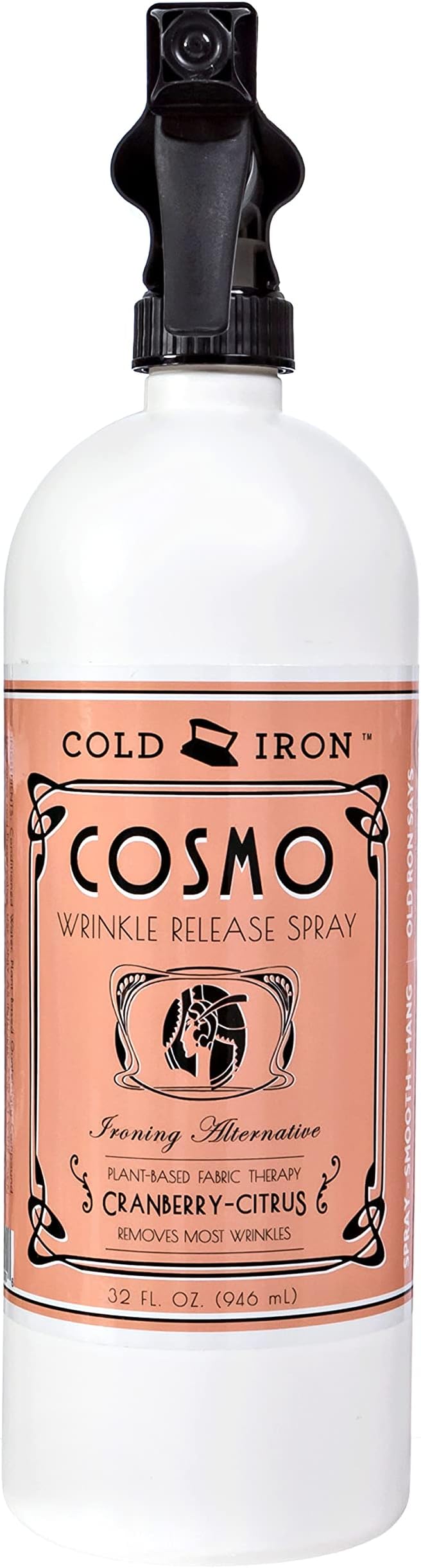Cold Iron Wrinkle Release Spray 32 fl oz. Cranberry-Citrus. Plant Based Ironing Alternative. Fast, Easy to Use. Spray, Smooth, Hang. Award Winning Formula to Save You Time