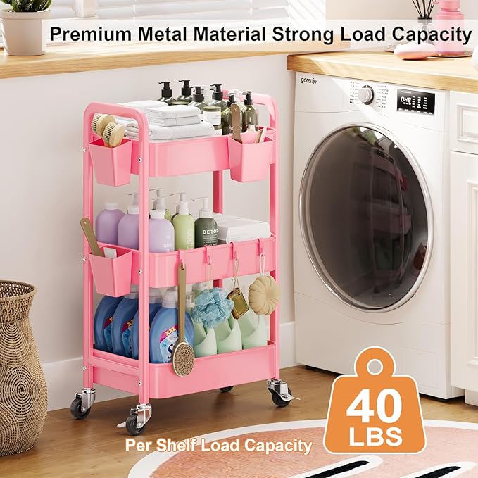 3 Tier Pink Rolling Cart with Lockable Wheels, Metal Utility Carts Organizer on Wheels for Kitchen, Nursery, Snack, Bedside Cart for Baby Essentials, Easy Assemble Mobile Storage Roller Trolley