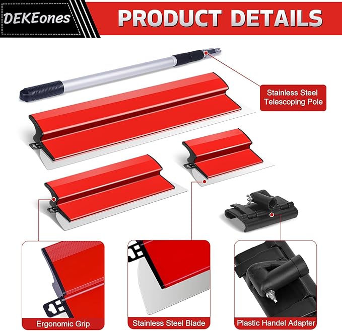 DEKEones Drywall Skimming Blade Set, Stainless Steel 10",16" & 24" Skimming Blades with 28"-62" Extension Handle Pole, Professional Drywall Skimming Tools for Smoothing Wall and Ceiling