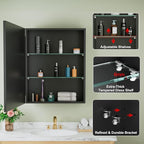 Buruis 24" x 30" Framed Medicine Cabinet with Mirror, Recessed or Wall Mounted Bathroom Cabinet, Adjustable Tempered Glass Shelves, Left/Right Open Reversible, No Assembly Required, Black