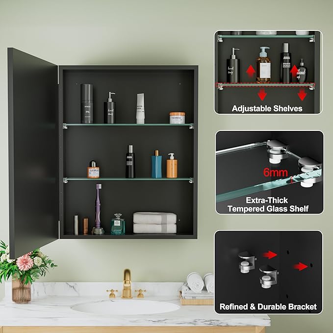 Buruis 24" x 30" Framed Medicine Cabinet with Mirror, Recessed or Wall Mounted Bathroom Cabinet, Adjustable Tempered Glass Shelves, Left/Right Open Reversible, No Assembly Required, Black
