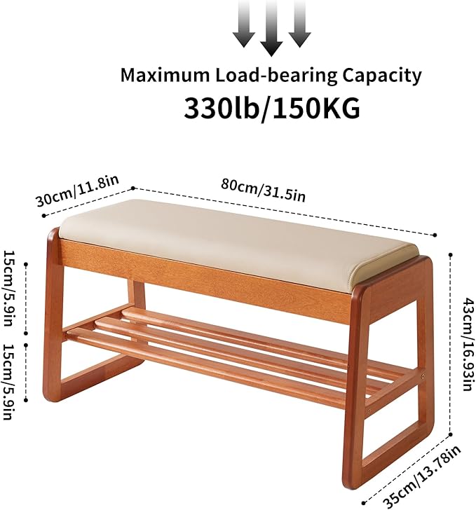 Wood Shoe Bench with Flip-Top Storage,2-Tier Entryway Shoe Bench,31.5in Shoe Rack with Cushion for Living Room,Cherry Wood Color YD-WD061C