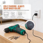 Hi-Spec 8V USB Power Drill Driver and Complete Home Tool Kit Set. Cordless & Rechargeable Electric Drill Driver and Compact Hand Toolbox Set, Green