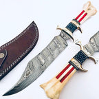 : CUSTOM HAND MADE DAMASCUS STEEL COLLECTIBLE GUTT KNIFE HANDLE MATERIAL BONE USA FLAG ACID ACHING (STAR)