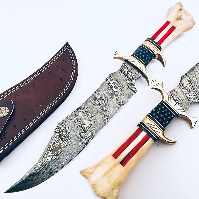 : CUSTOM HAND MADE DAMASCUS STEEL COLLECTIBLE GUTT KNIFE HANDLE MATERIAL BONE USA FLAG ACID ACHING (STAR)