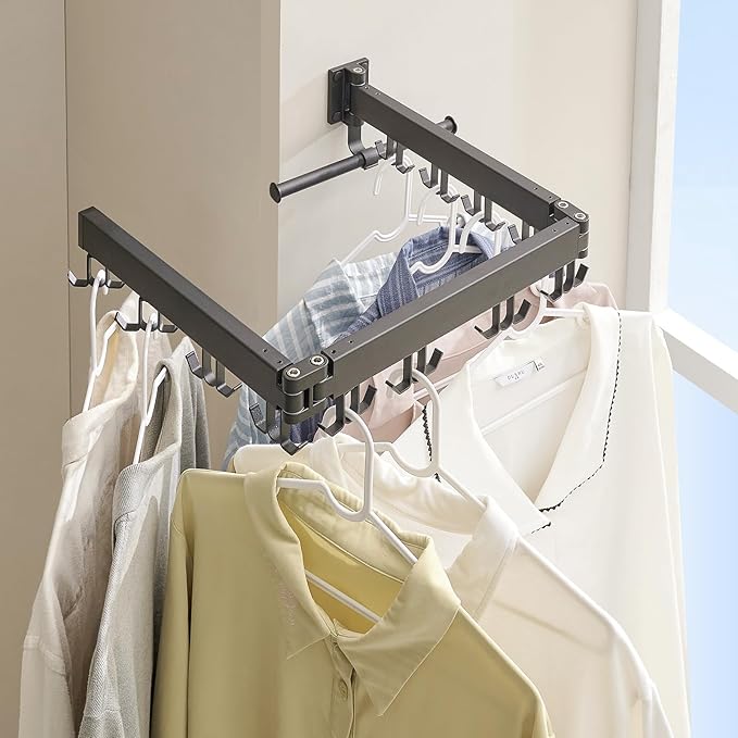 JOOM Clothes Drying Rack Wall Mounted,Folding Clothes Drying Rack,Retractable,Collapsible(Tri-Fold,Upgrade Hook),Wall Mounted Drying Rack for Laundry Balcony Bathroom (Black)