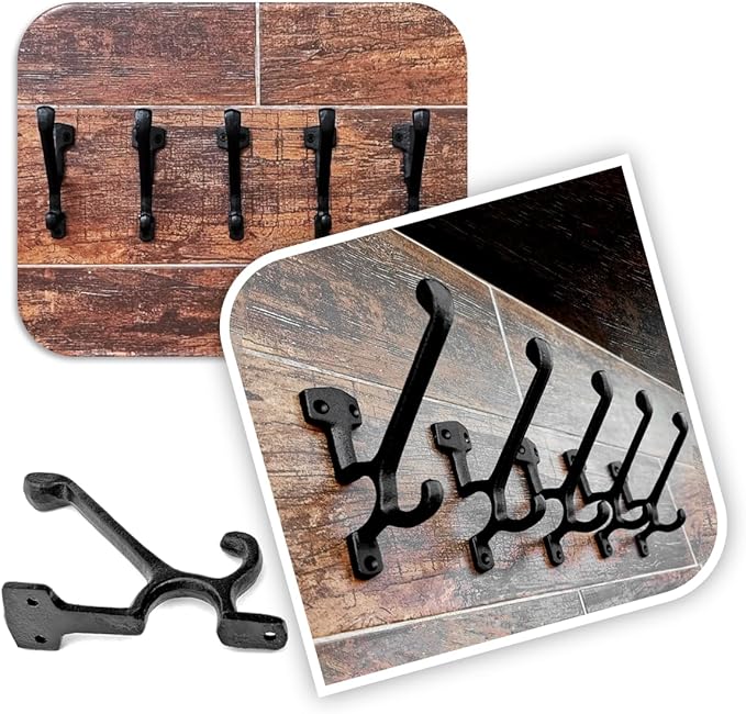 Ambipolar 5 Pack Decorative Cast Iron Heavy Duty Double Hooks, Wall Mounted Coat Hooks, Vintage Inspired (Antique Black) (Type-7 Type)