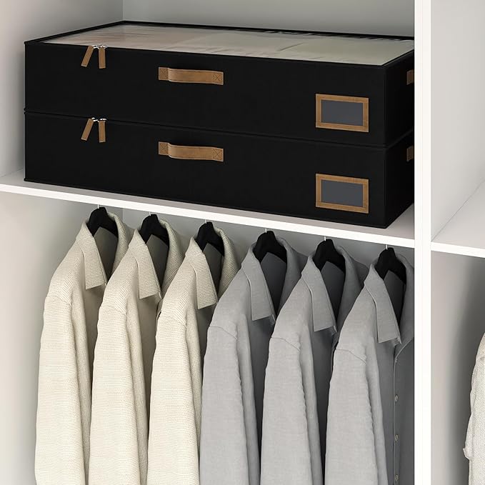 Under Bed Storage, Under Bed Storage Containers Bins for Clothes, Large Linen Underbed Closet Organization Bins, 2 Pack Collapsible Underbed Bin Dorm for Clothes, Sweater, Black