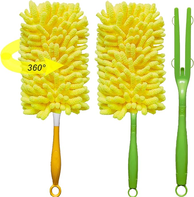 Reusable Duster for Swiffer, 2 Refills +1 Handle, 360 Heavy Duty Duster Refill Compatible with Swiffer Hand Dusters, for Dusting Furniture, Blinds, Ceiling Fans, Walls and More, Yellow