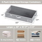 Under Bed Storage, Under Bed Storage Containers Bins for Clothes, Large Linen Underbed Closet Organization Bins, 2 Pack Collapsible Underbed Bin Dorm for Clothes, Sweater, Gray
