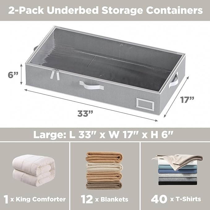 Under Bed Storage, Under Bed Storage Containers Bins for Clothes, Large Linen Underbed Closet Organization Bins, 2 Pack Collapsible Underbed Bin Dorm for Clothes, Sweater, Gray