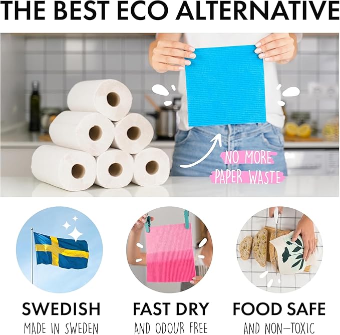 SUPERSCANDI 10 Pack Swedish Dishcloths for Kitchen - 100% Biodegradable & Compostable | Reusable Paper Towels Washable, Food-Safe & Without Plastic - Dish Rags Suitable for Any Surface | Multicolor