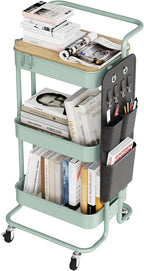 DTK 3 Tier Metal Utility Rolling Cart with Table Top and Side Bags, Metal Tray Storage Organizer Cart with Wheels, Art Craft Cart with 4 Hooks for Kitchen Bathroom Office Living Room (Green)