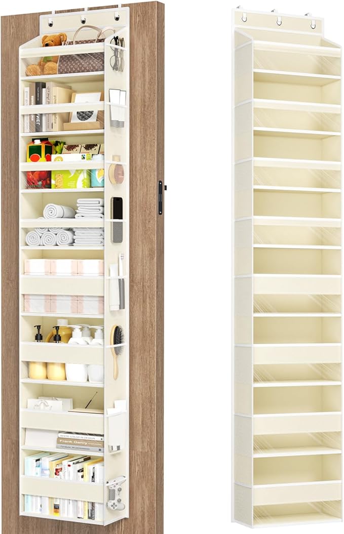 Over The Door Organizer, 8 Shelf Door Hanging Organizers with 8 Large Capacity Pockets, Back of Door Organizer Storage Hanging Shelves for Closet Bathroom Bedroom Nursery