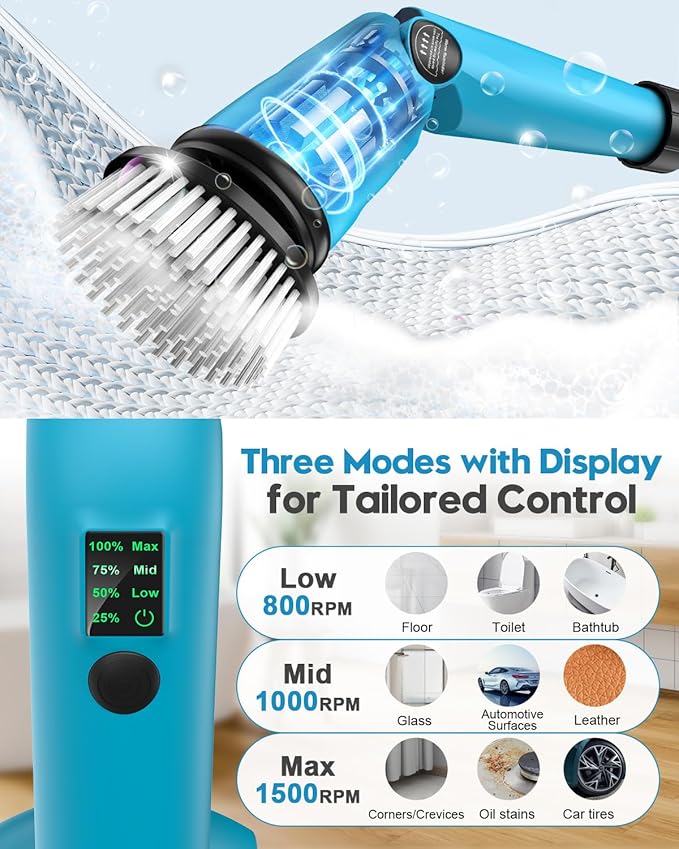 Updated 1500 RPM Battery Electric Spin Scrubber with Handle, 8 Replaceable Shower Scrubber & 2 Battery Powered Cleaning Brush with Display 3 Speed & Adjustable Handle Cordless Power Scrubber for Clean