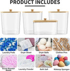 4PCS Laundry Pods Container, Clear Laundry Room Organization and Storage with Bamboo Lids, 3 Premium Scoops & Labels – Ideal for Scent Booster Beads, Dryer Balls, Sheets & Powder
