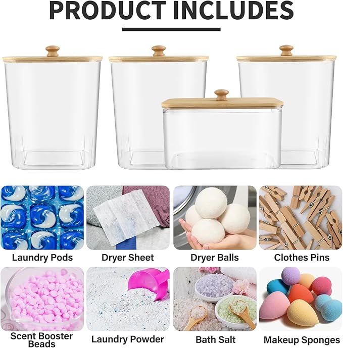 4PCS Laundry Pods Container, Clear Laundry Room Organization and Storage with Bamboo Lids, 3 Premium Scoops & Labels – Ideal for Scent Booster Beads, Dryer Balls, Sheets & Powder