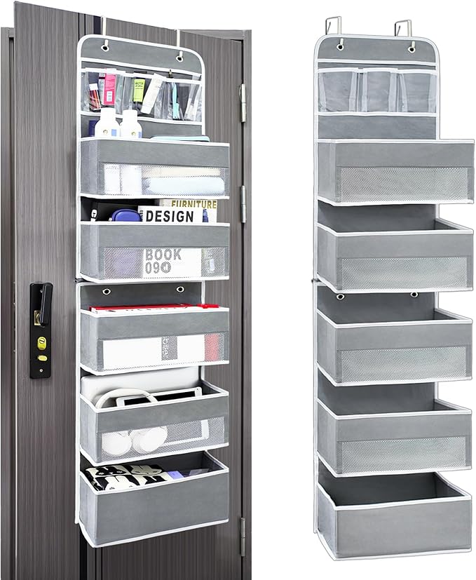 Over the Door Organizer Storage, 6 Shelf of Reinforcement Anti-Tilt Can Bear 44lb Bathroom Organization and Storage, Suitable for Bedroom, Pantry, kitchen, Grey