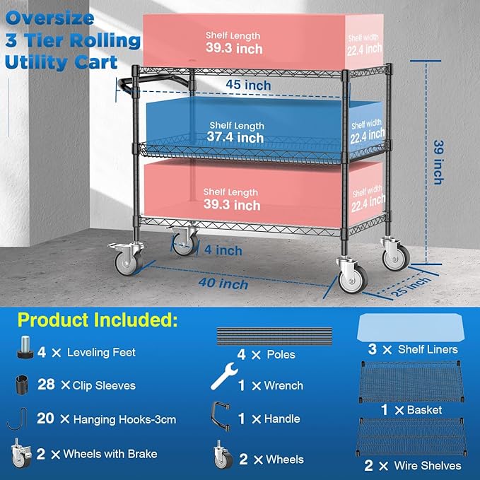 Leteuke 1120LBS Heavy Duty Rolling Utility Cart,3 Tier Rolling Carts with Wheels,NSF Commercial Grade with Handle Bar & Shelf Liners,45"x25"x39" Storage Cart for Kitchen,Restaurant,Plant Display,Black