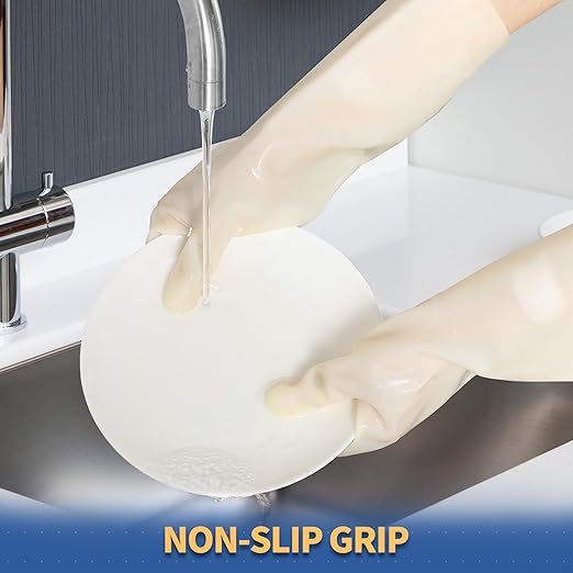 BOOMJOY Nitrile Cleaning Gloves, Heavy Duty Dishwashing Gloves, Reusable Large Gloves for Kitchen, Bathroom, Gardening, Working, Pet Care - White, 3 Pairs, Size L