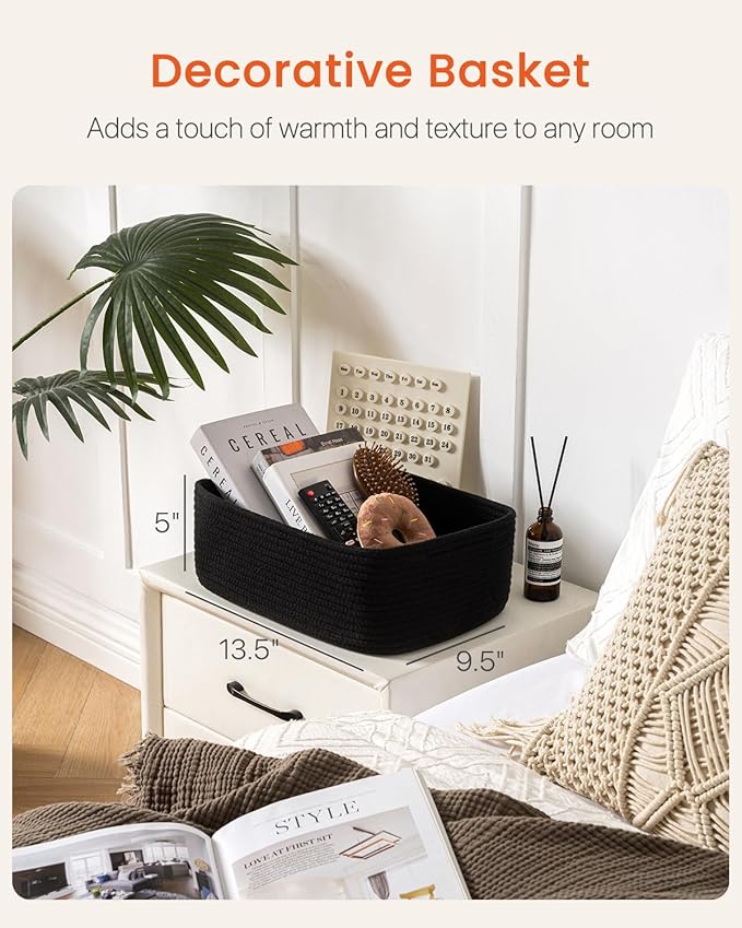 Small Woven Basket, 13.5 x 9.5 x 5 Inches, Storage Basket for Organizing, Cute Small Rope Shelf Closet Cube Storage Bins Baskets for Shelves, Dog Toy Gift Baskets Empty, 3 Packs, Black