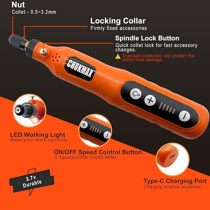 Mini Cordless Rotary Tool, 5-Speed Grinder Kit with 72 Accessories and Front LED Light, Type-C Charging Art Craft Tool for Engraving, Sanding, Polishing, Drilling, Grinding