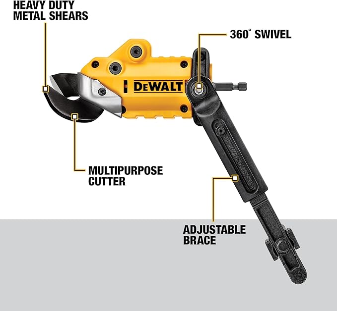 DEWALT Metal Shear/Cutter Drill Attachment, Impact Ready, 360 Degree Pivoting Head, Cuts 18GA Material (DWASHRIR)(Yellow, Black)