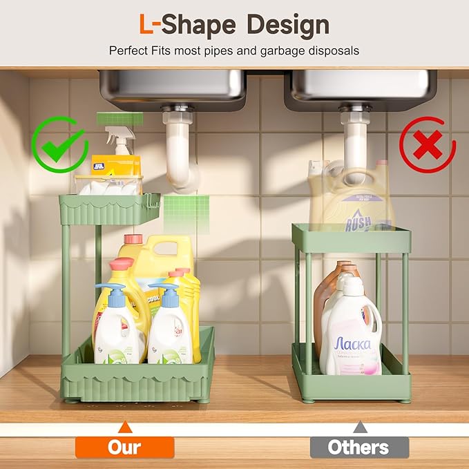 3 Pack Multi-Purpose Under Sink Organizers and Storage, 2025 L-Shaped Pull Out Cabinet Organizer for Bathroom & Kitchen, Under Cabinet Organizer with Hooks Hanging Cup, Green, Elevated