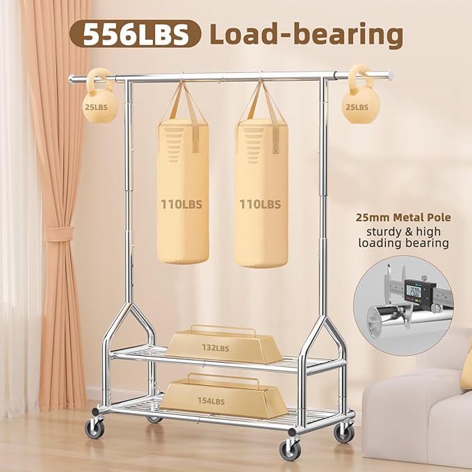 EAGMAK Heavy Duty Clothes Rack Load 556 LBS, Rolling Clothing Rack With Shelves, Height Adjustable Metal Clothes Hanger with Wheels Portable Wardrobe Organizer Garment Rod for Hanging Clothes (Silver)