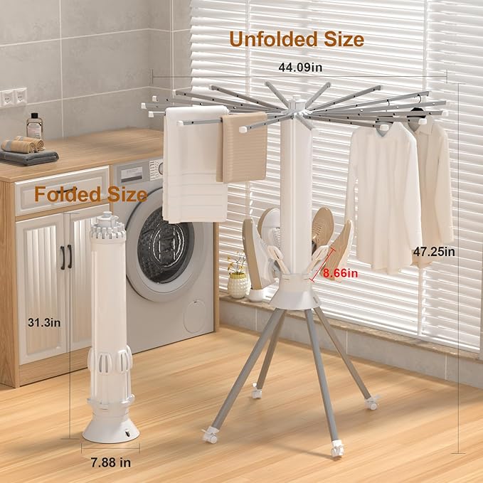 4-Legged Clothes Drying Rack Foldable, Portable Laundry Drying Racks, Outdoor Collapsible Drying Rack Clothing with 4 Pulleys and Anti-Slip Holes, Aluminum Indoor Dry Rack for Clothes, Shoes, Towel
