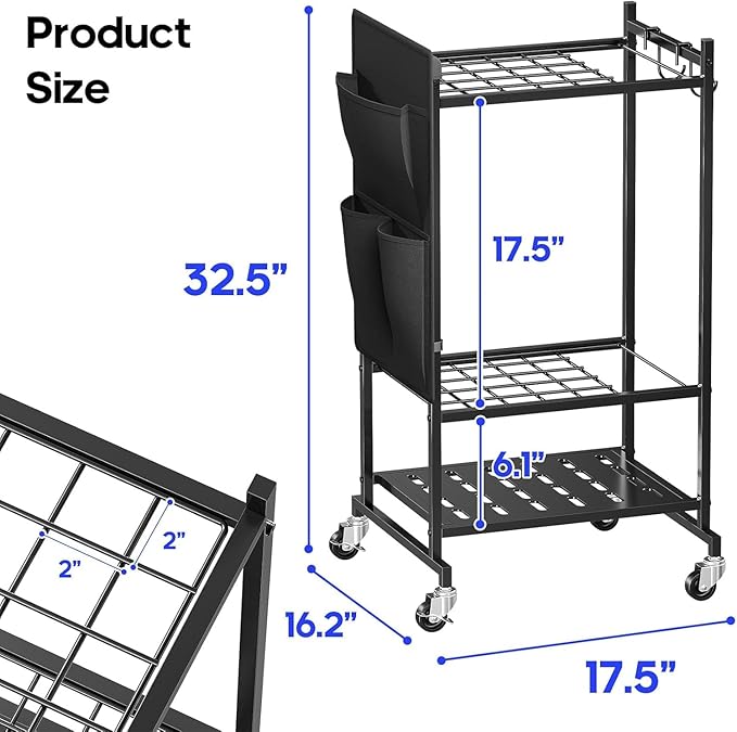 SUFAUY Rolling Garden Tool Organizer,Yard Tower Rack Heavy-Duty Garage Tool Stand with Wheels and Hooks, Black