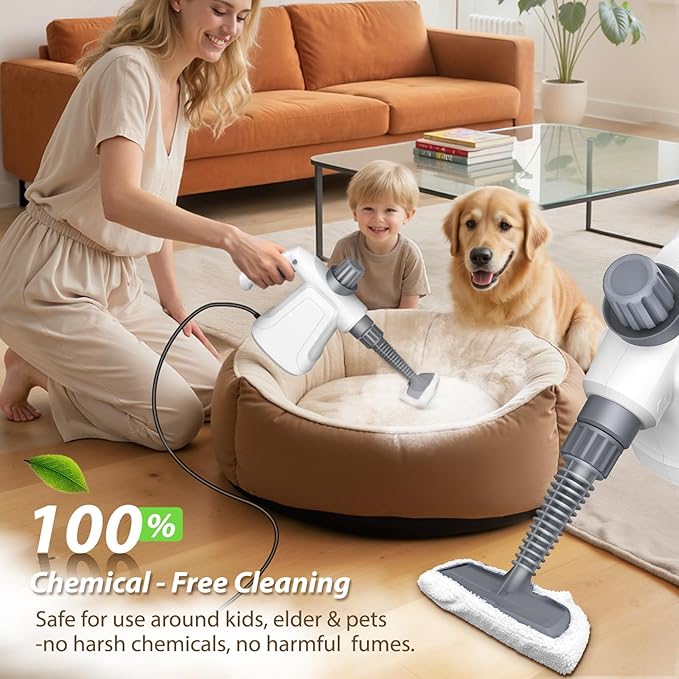 Pressurized Deep Cleaning Steam Cleaner, 15.2OZ Chemical-Free Steamer with 14PCS Accessories & Safety Lock, Handheld Steam Cleaner for Home, Car, Furniture, Grease, Grout, Floor