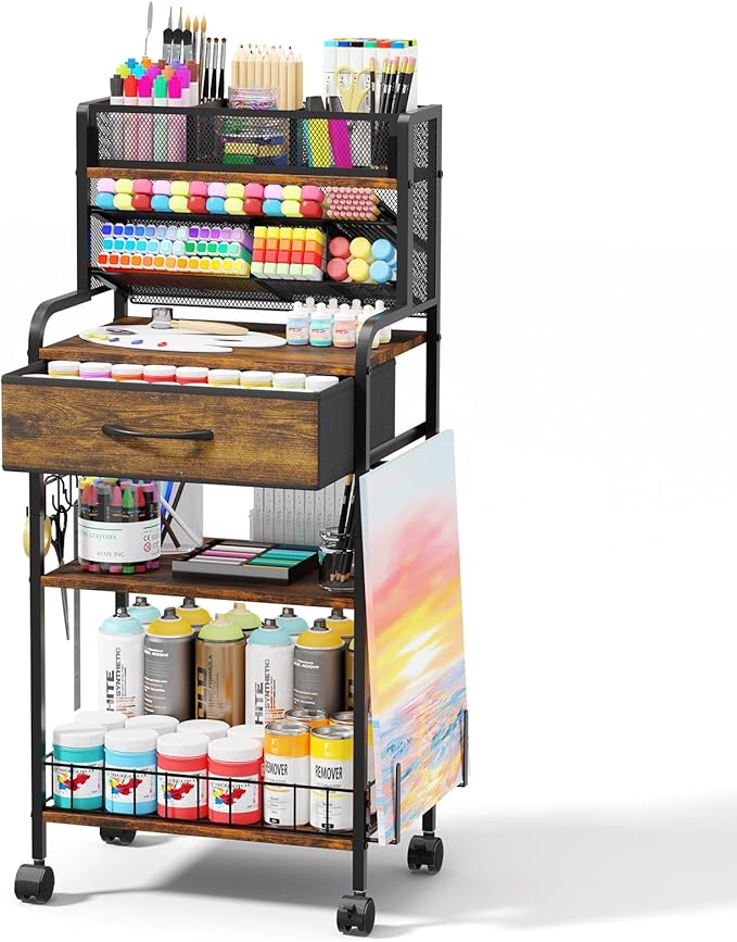 Art cart, 3 Tier Rolling Cart - Utility Cart with Storage Drawer and Wheels, Versatile Art & Craft Organizer for Home, Office, or Studio Ideal for Storing Brushes, Paints （Brown）