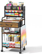 Art cart, 3 Tier Rolling Cart - Utility Cart with Storage Drawer and Wheels, Versatile Art & Craft Organizer for Home, Office, or Studio Ideal for Storing Brushes, Paints （Brown）