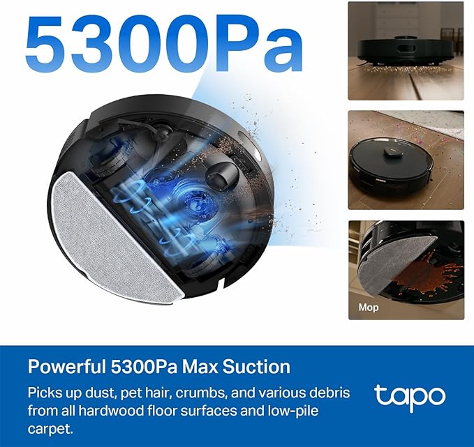 Tapo Ultra-Slim LiDAR Smart Navigation Robot Vacuum and Mop with Self-Emptying Dock, 5300Pa Max, 97%+ Dust Pickup Rate, Self-Charging, Compatible with Alexa & Google Home, RV20 Max Plus